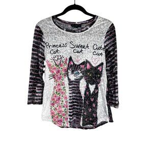 Colorful Cat Print Top Black S Black Whimsical Skater Boho Indie Preppy Chic